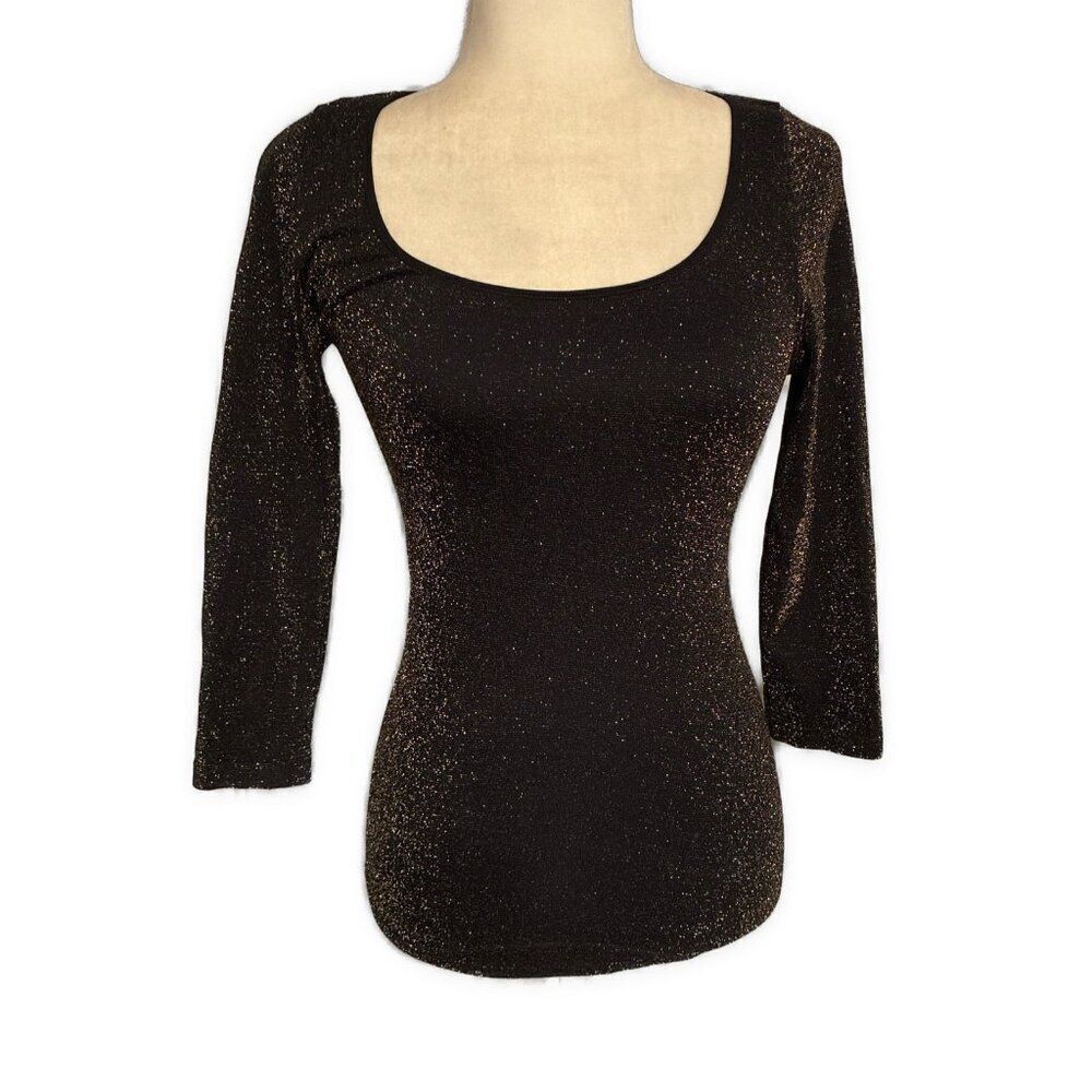 Bebe Black Gold Metallic Nylon Round Neck Long Sleeve Top Xs Small